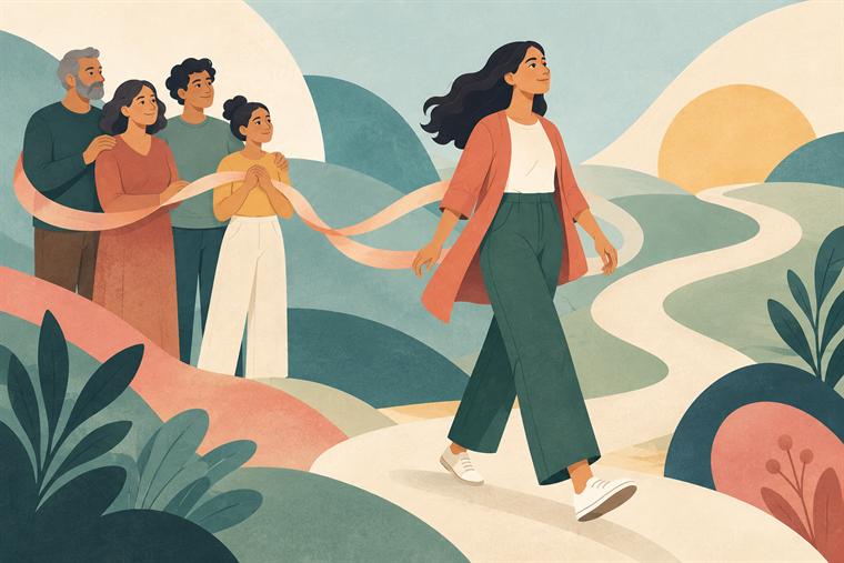 Illustrazione vettoriale sullo svincolo familiare e sulla costruzione dell’identità. Immagine generata con intelligenza artificiale a scopo illustrativo.