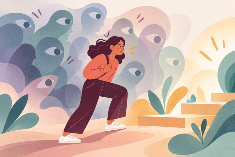 Illustrazione vettoriale di una persona che affronta gradualmente la paura del giudizio e la pressione da prestazione. Immagine generata con intelligenza artificiale a scopo illustrativo.