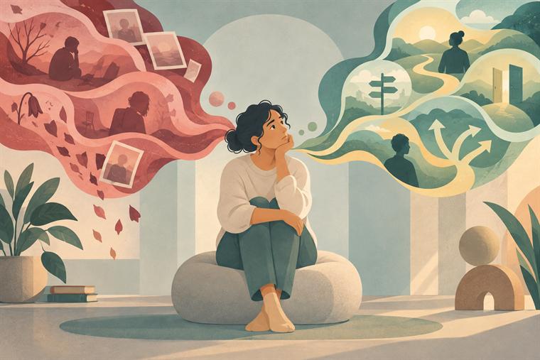 Illustrazione vettoriale su rimuginio e ruminazione. Immagine generata con intelligenza artificiale a scopo illustrativo.