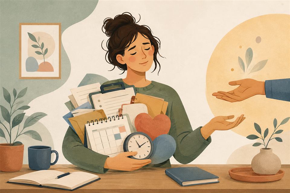 Illustrazione vettoriale sul peso dell'essere affidabili, con una persona che sostiene impegni, tempo e responsabilità mentre riceve una possibilità di supporto. Immagine generata con intelligenza artificiale a scopo illustrativo.